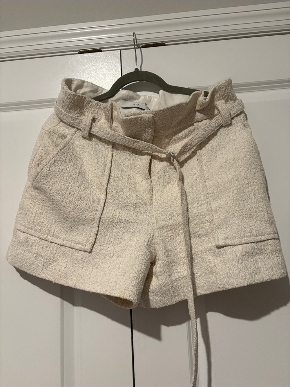 IRO Cream Textured High-Rise Belted Shorts